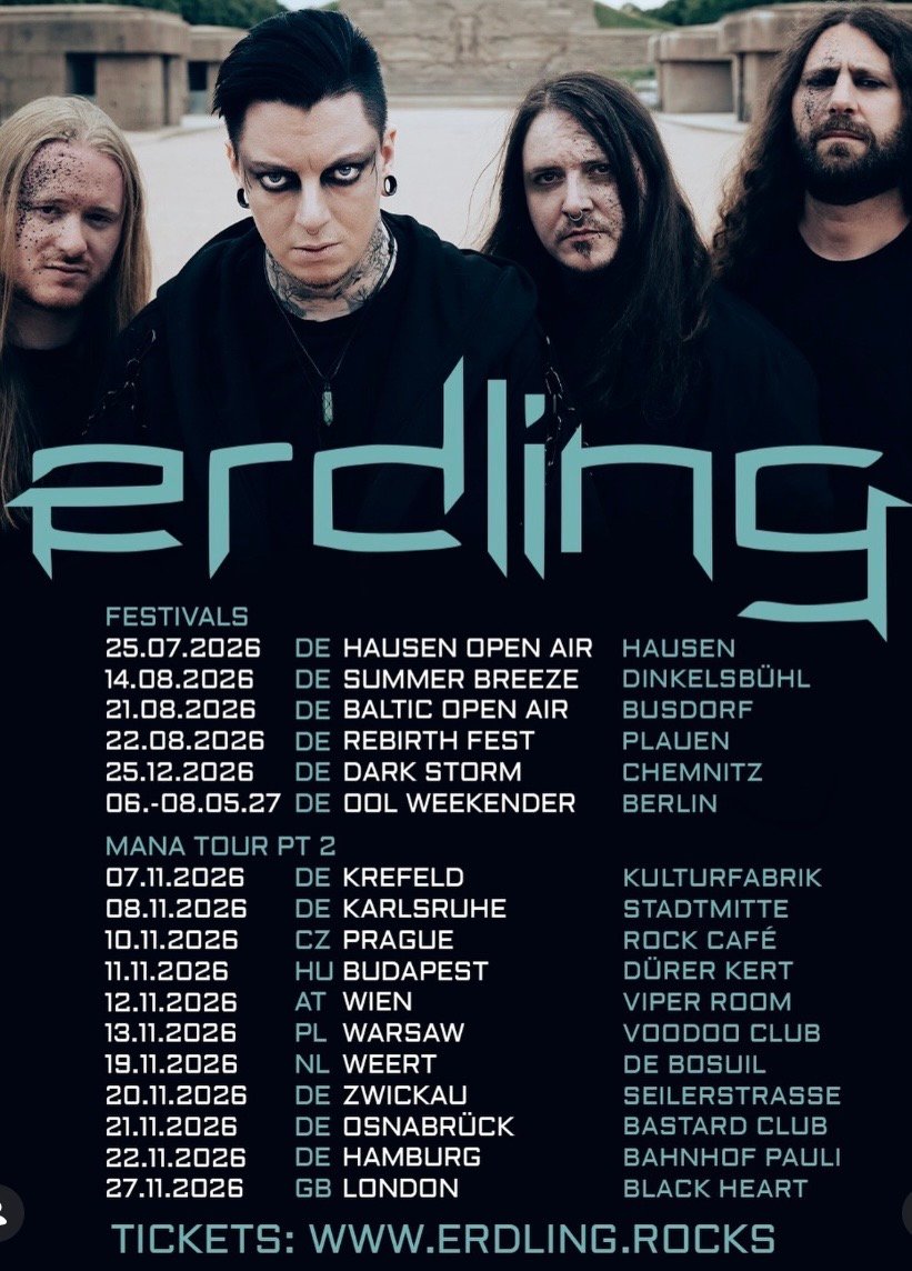 Four members of the band Erdling stand in front of a dark background; tour dates and locations are listed around them in bold text.