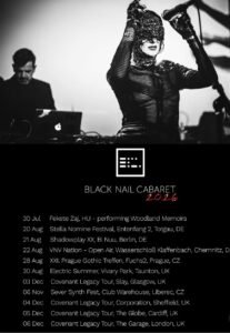 A masked performer sings into a microphone on stage with a musician in the background. Below is a 2024 Black Nail Cabaret tour schedule listing European dates and locations.