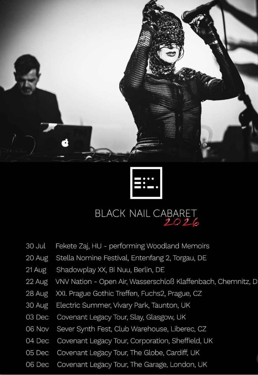A masked performer sings into a microphone on stage with a musician in the background. Below is a 2024 Black Nail Cabaret tour schedule listing European dates and locations.