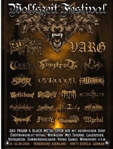 Poster for Wolfzeit Festival 2026 featuring band logos, festival dates (20–22.08.2026), location (Eisfeld, Germany), and event details in black and gold design with a wolf graphic.