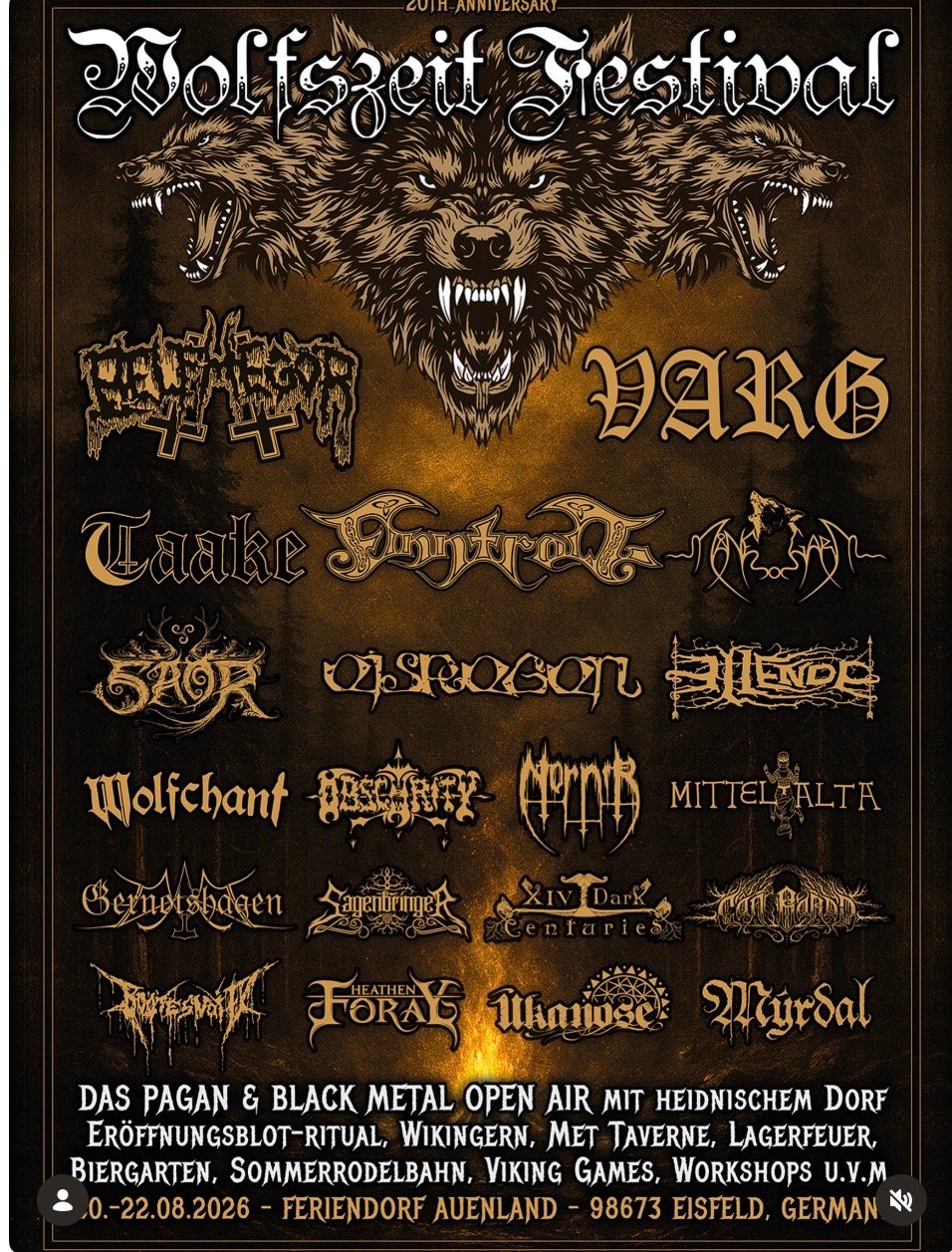 Poster for Wolfzeit Festival 2026 featuring band logos, festival dates (20–22.08.2026), location (Eisfeld, Germany), and event details in black and gold design with a wolf graphic.