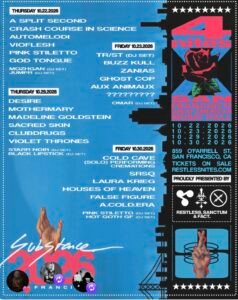 Colourful festival poster lists bands, DJs, dates, and venues for Substance 2026 music event in San Francisco, with illustrated hands and bold graphics. Event runs 22–25 October 2026.