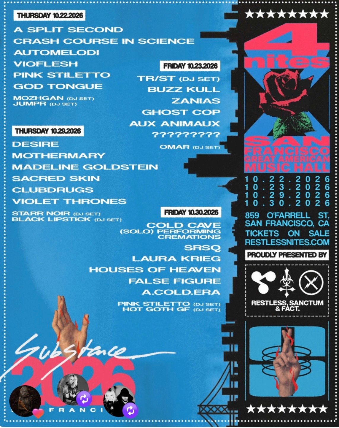 Colourful festival poster lists bands, DJs, dates, and venues for Substance 2026 music event in San Francisco, with illustrated hands and bold graphics. Event runs 22–25 October 2026.