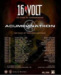 Tour poster for 16Volt and Acumen Nation listing 2023 UK tour dates, cities, venues, and supporting acts, with logos and band names prominently displayed.