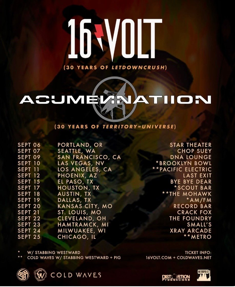 Tour poster for 16Volt and Acumen Nation listing 2023 UK tour dates, cities, venues, and supporting acts, with logos and band names prominently displayed.