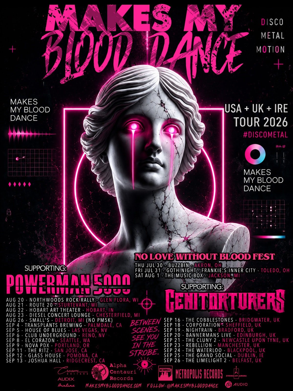 Poster for the band Makes My Blood Dance’s 2026 tour, featuring a marble statue with neon effects, tour dates, and supporting acts Powerman 5000 and Genitorturers.