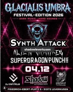 Promotional poster for Glacialis Umbra Festival 2026 in Leverkusen, listing bands and DJs including Synth Attack, Alien Vampires, and others, with event date 04/12.