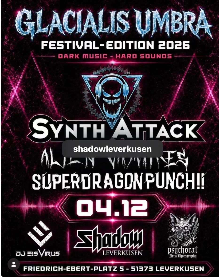 Promotional poster for Glacialis Umbra Festival 2026 in Leverkusen, listing bands and DJs including Synth Attack, Alien Vampires, and others, with event date 04/12.