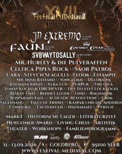 Poster for Festival Mediaval Legends 2026, listing bands and performers, event dates (11-13.09.2026), location (Goldberg, Selb), and website information over a mediaeval-themed background.