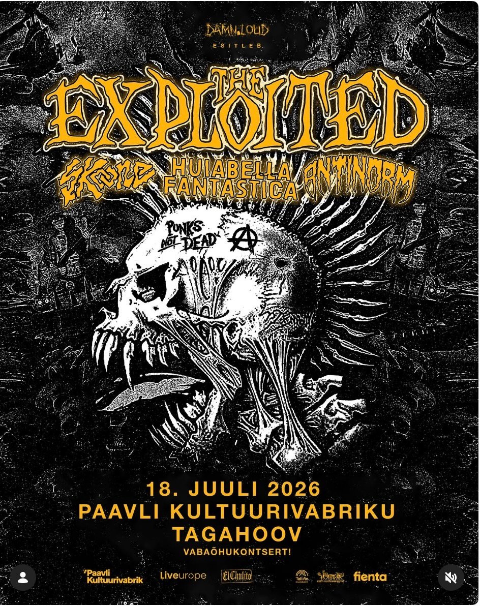 Concert poster for The Exploited with supporting bands; features skull artwork and event details for 18 July 2026 at Paavli Kultuurivabriku Tagahoov in Estonian and English text.