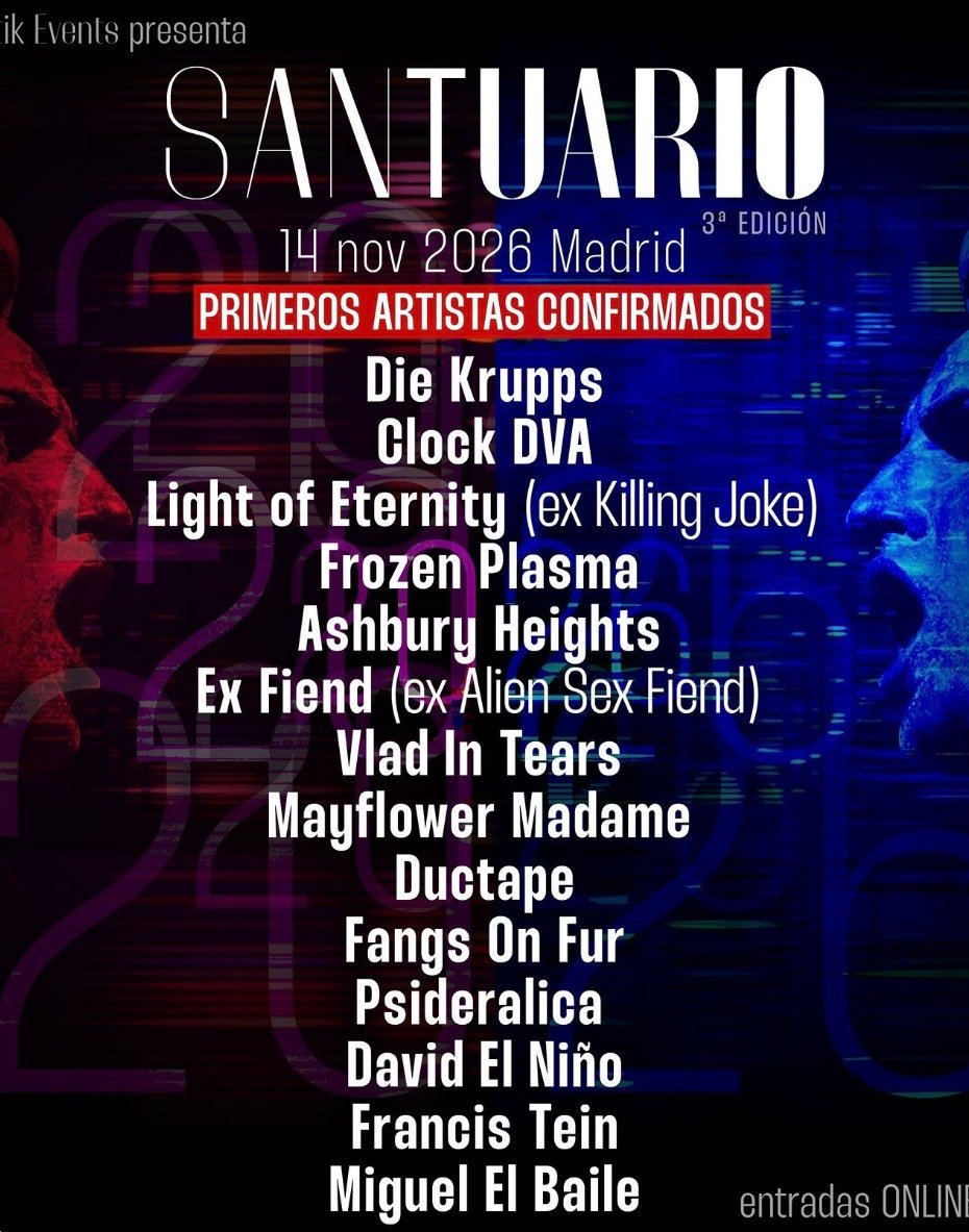 Concert poster for Santuario 2026 in Madrid listing confirmed artists, event date as 14 November, and a blue and red graphic with stylised faces and digital elements in the background.