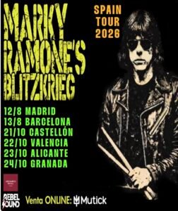 Poster for Marky Ramone's Blitzkrieg Spain Tour 2026, listing concert dates and cities, with a black-clad musician holding drumsticks and tour info on the left.