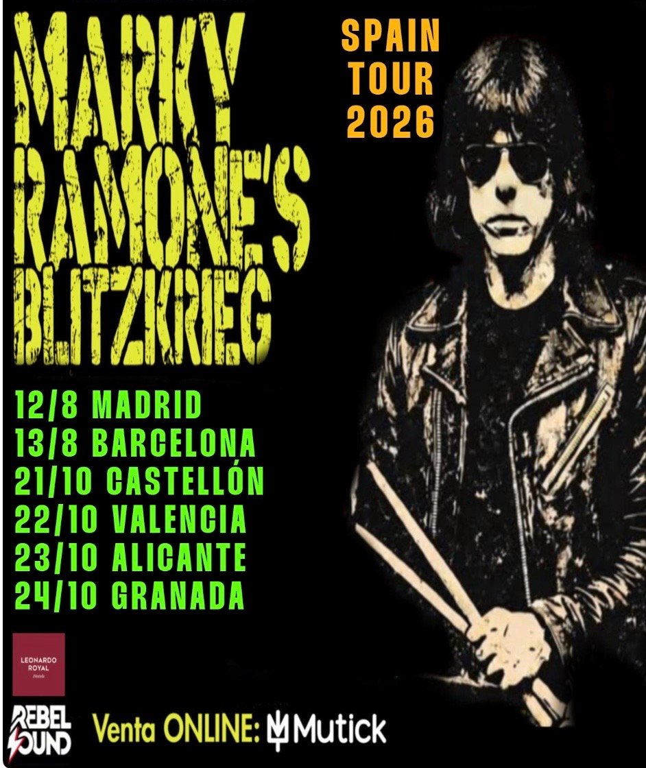 Poster for Marky Ramone's Blitzkrieg Spain Tour 2026, listing concert dates and cities, with a black-clad musician holding drumsticks and tour info on the left.