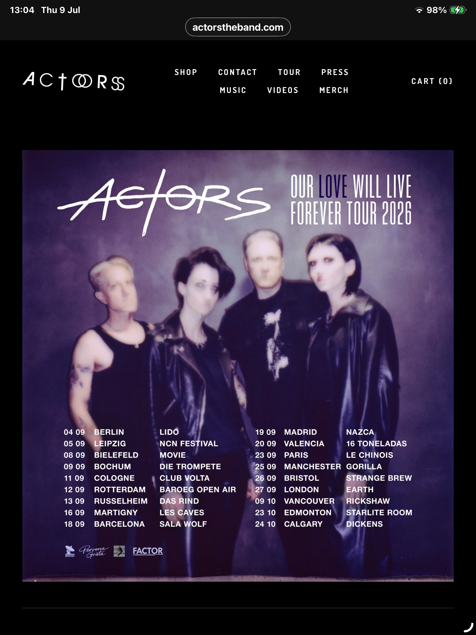 Four people stand together in front of a blurred background. Text lists ACTORS’ 2026 tour dates and locations across Europe and North America under the heading "Our Love Will Live Forever Tour 2026.