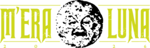 Logo with the words "M'ERA LUNA" in stylised letters and a vintage illustration of a face on the moon between the words.
