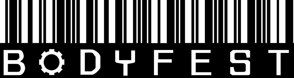 Barcode graphic with the word “BODYFEST” in bold, stylised letters underneath; the "O" is designed like a gear.