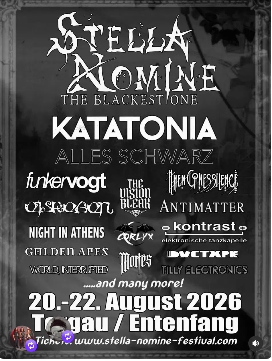 Festival poster listing bands such as Katatonia and Funker Vogt, with event dates 20-22 August 2026 in Torgau, Germany, and the website stella-nomine-festival.com.