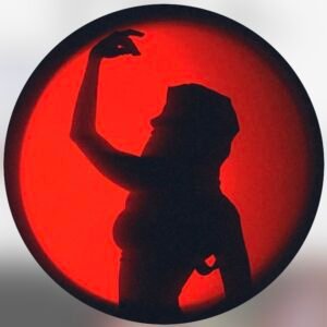 Silhouette of a person in profile, arm raised, against a circular red background.